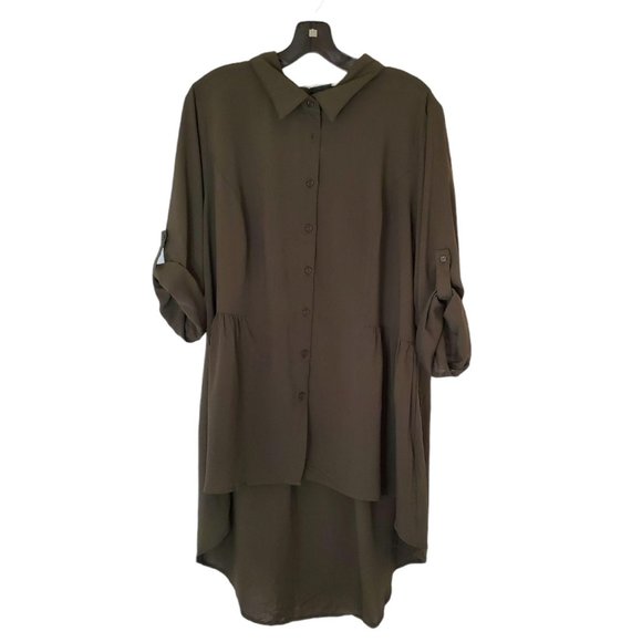 City Chic Tunic Top Military Green 16 High Low Button Front Collar 3/4 Sleeve NW - Picture 3 of 12